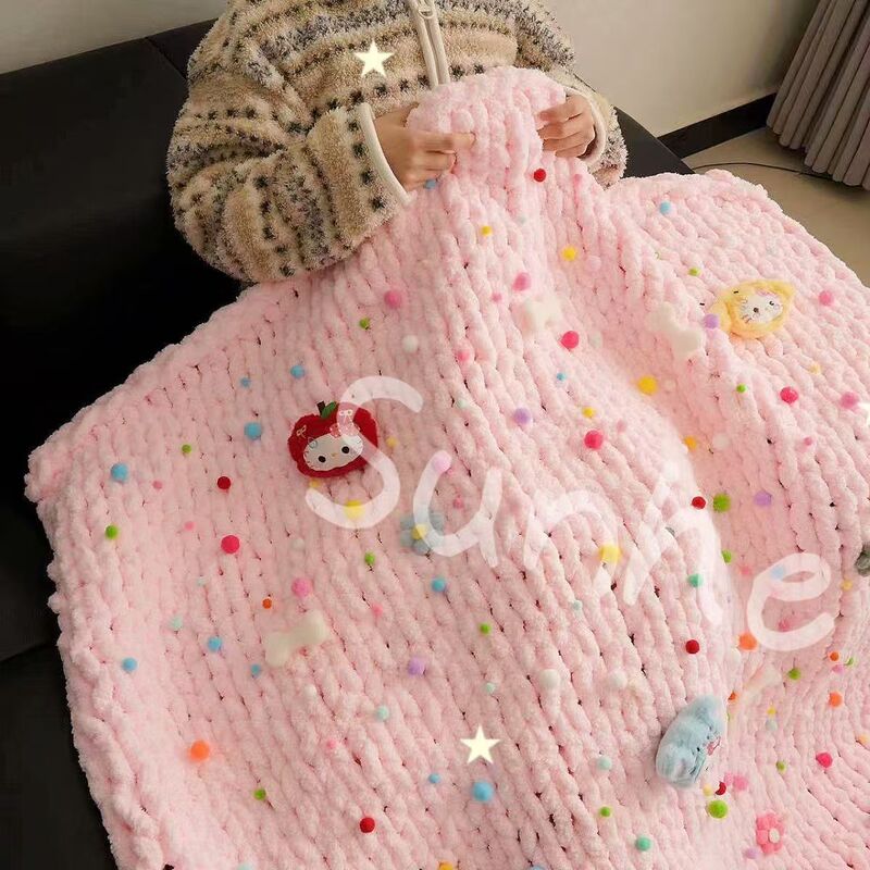 Pink blanket, rainbow blanket, finger-knitted cat tail yarn, cream cheese throw blanket, handmade DIY yarn Pink blanket, rainbow blanket, finger-knitted cat tail yarn, cream cheese throw blanket, handmade DIY yarn
