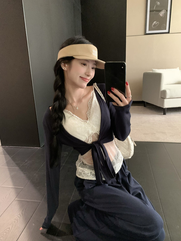 纯欲风设计感薄款开衫内搭蕾丝吊带女秋季新款辣妹显瘦休闲两件套|undefined