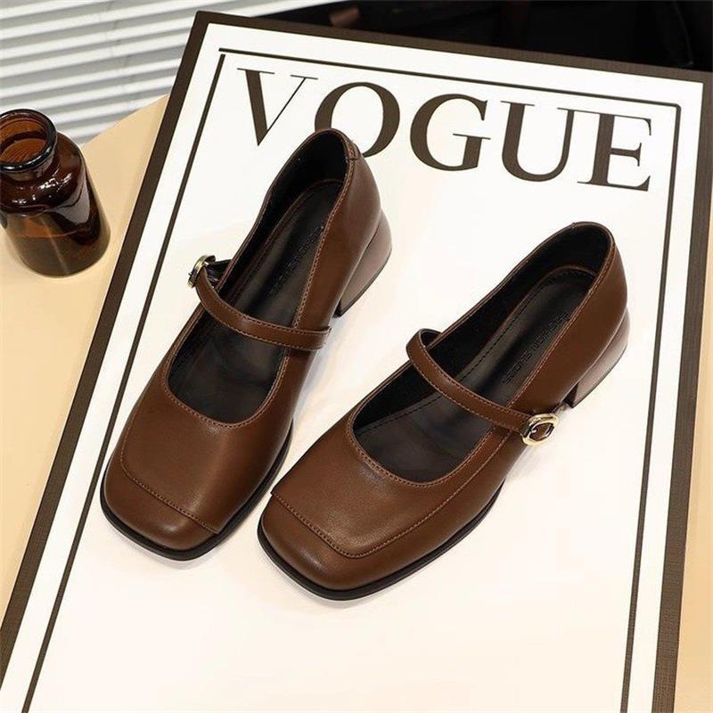 Cuero suave retro francés con zapatos Mary Jane para mujer de tacón grueso estilo británico zapatos de cuero de tacón medio negro zapatos de punta cuadrada