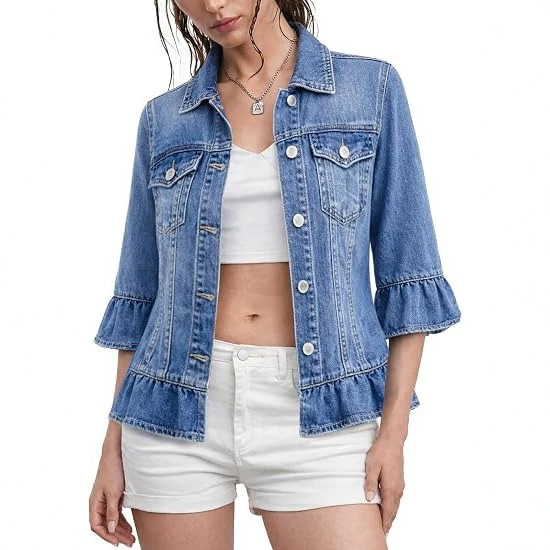 Ruffle hem denim jacket for women, three-quarter sleeves, turn-down collar, casual and stylish short top, plus size denim jacket