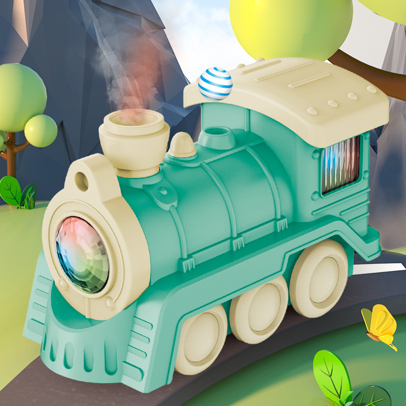 Niños suspendidos soplando bola tren iluminado concierto spray multifuncional tren pequeño juguetes eléctricos al por mayor cruce