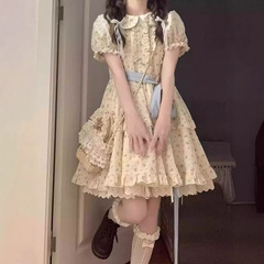 甘い砕花の子供の襟のワンピースの女性の夏の泡の袖の小さい背の王女のケーキのスカートは腰の蓬のスカートを収めます。