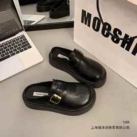软皮chic新款包头懒人拖鞋女2026春季百搭皮带扣外穿厚底半拖鞋子