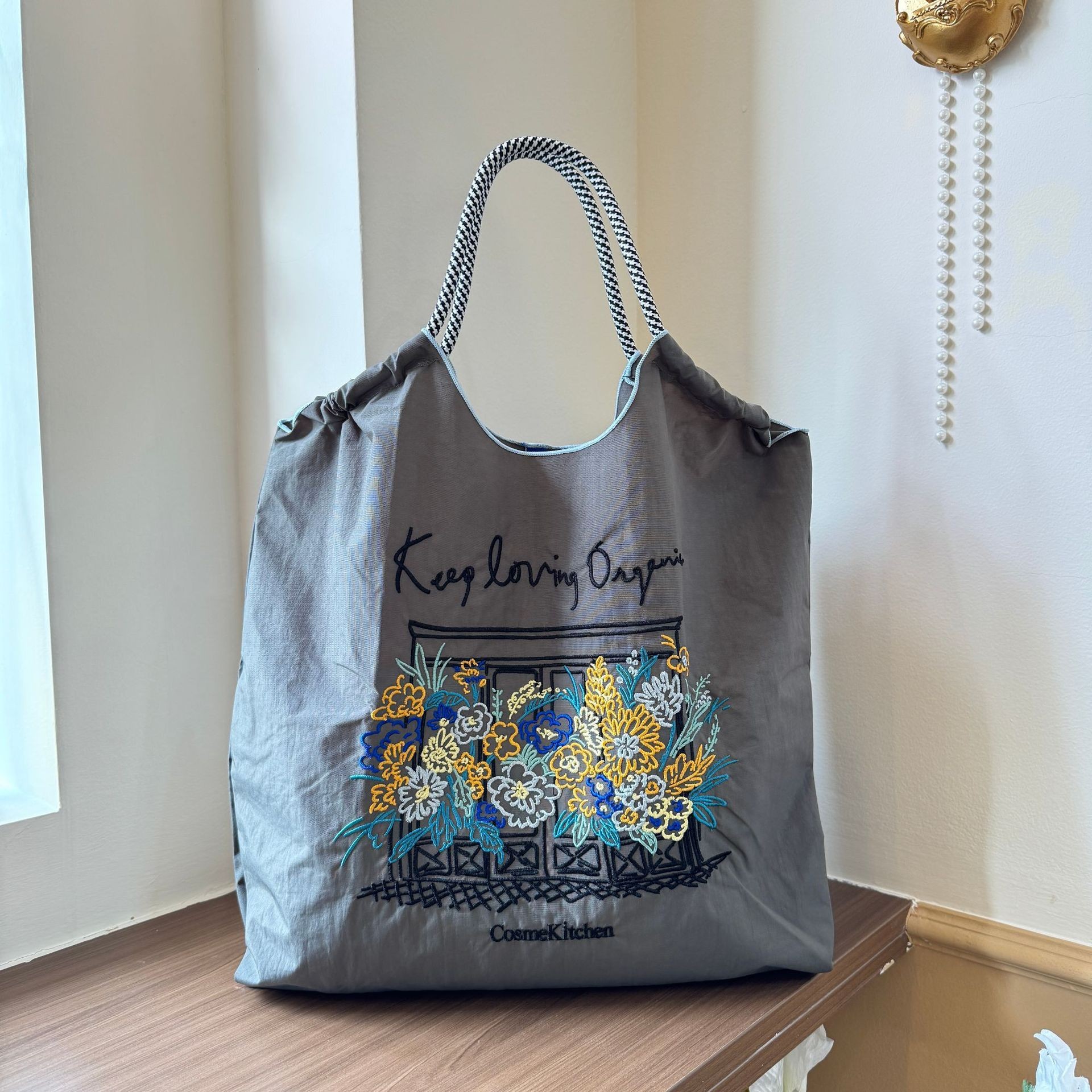 Bolsa de compras ecológica de cadena de bolas casera japonesa, bolsa de lona portátil bordada de tela de nailon, bolsa de compras de nailon