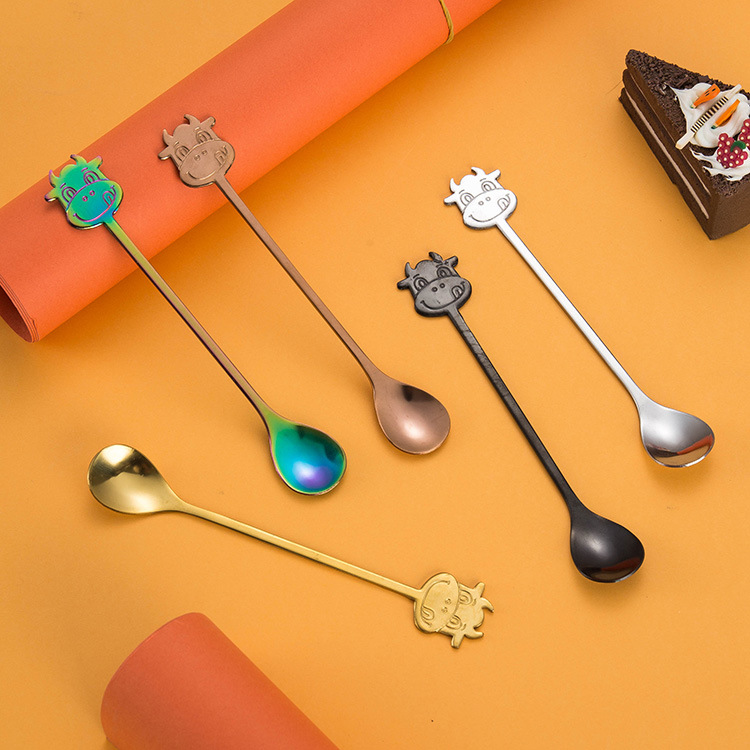 牛年牛頭卡通410不鏽鋼勺餐具套裝牛氣沖天馬克杯創意攪拌咖啡勺