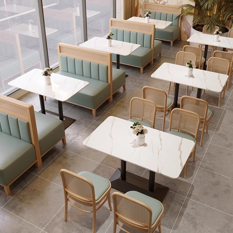 Woven Solid Wood Restaurant Booth Sofa Commercial Barbecue Restaurant Hot Pot Restaurant Tables and Chairs Milk Tea Shop Cafe Restaurant Tables and Chairs