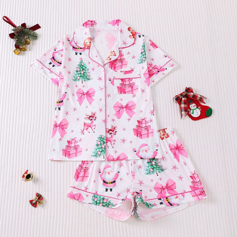 Cross-Border Foreign Trade Wholesale Women's Pajamas All Year Round Christmas Printed Lapel Short-Sleeved Shorts European and American Home Wear Sets
