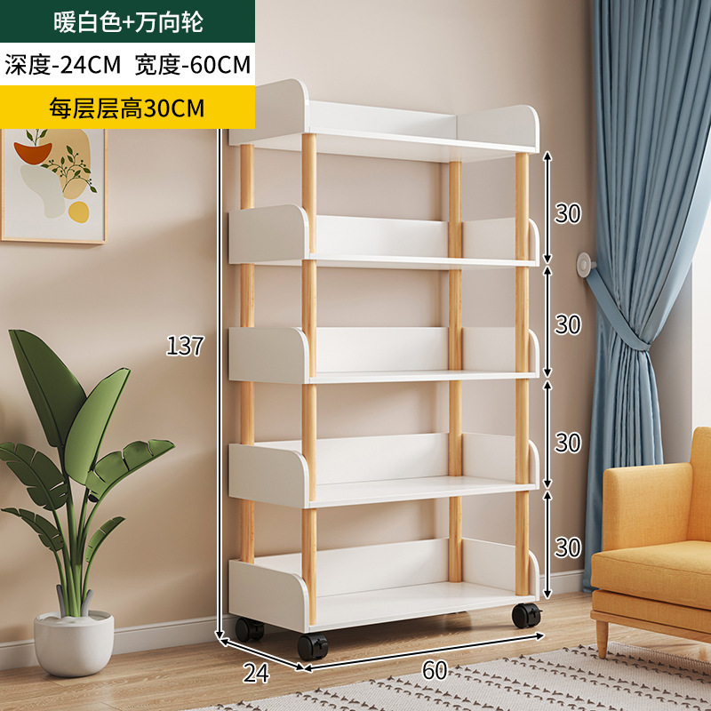 シンプルな机のそばのネットの赤い移動可能な小さな本棚の車輪付きの棚の床の多層の本の収納棚|undefined