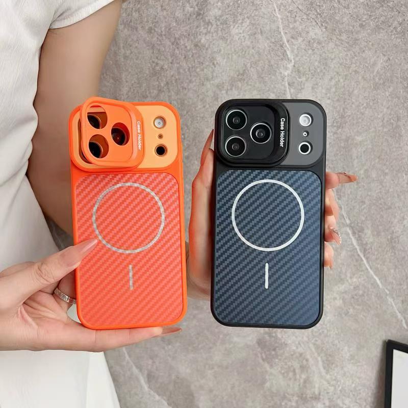 Lens Holder Phone Case Suitable for iPhone 18/17, Velvet Contrasting Color Style, Gold Shield Carbon Fiber Stand Case