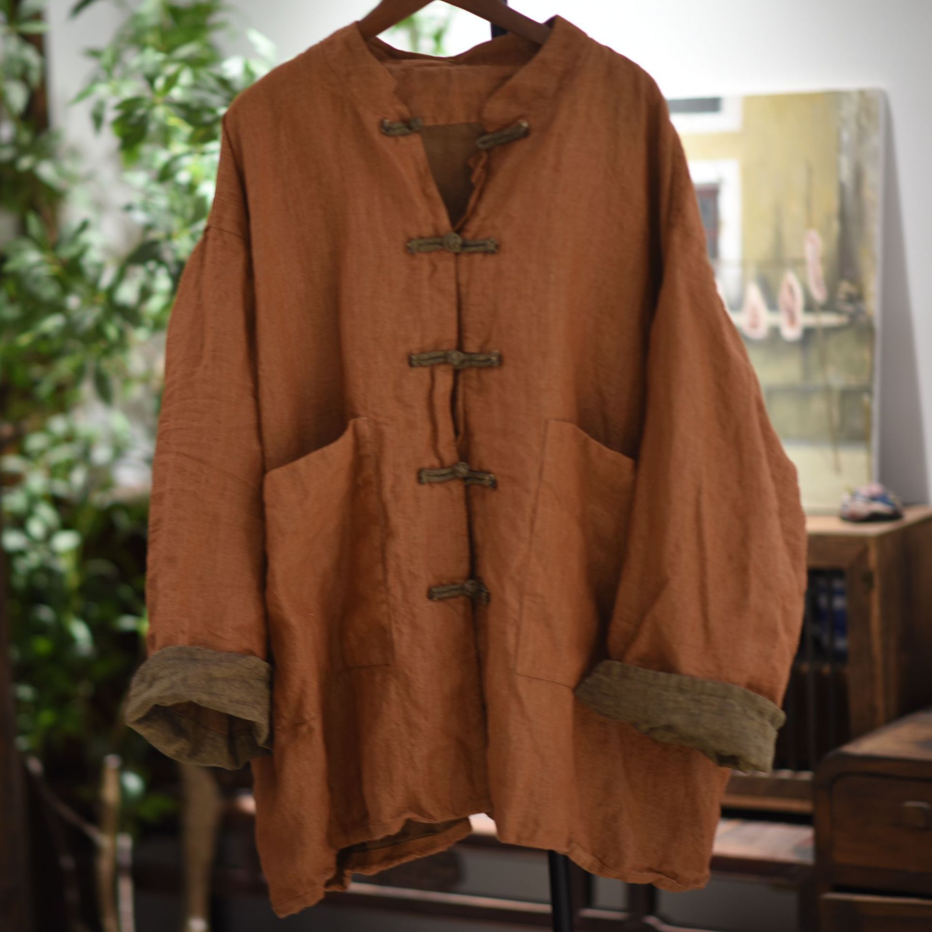 Sn268 Yarn-Dyed Hemp Chinese-Style Retro Stand-Collar Double-Layer Cardigan
