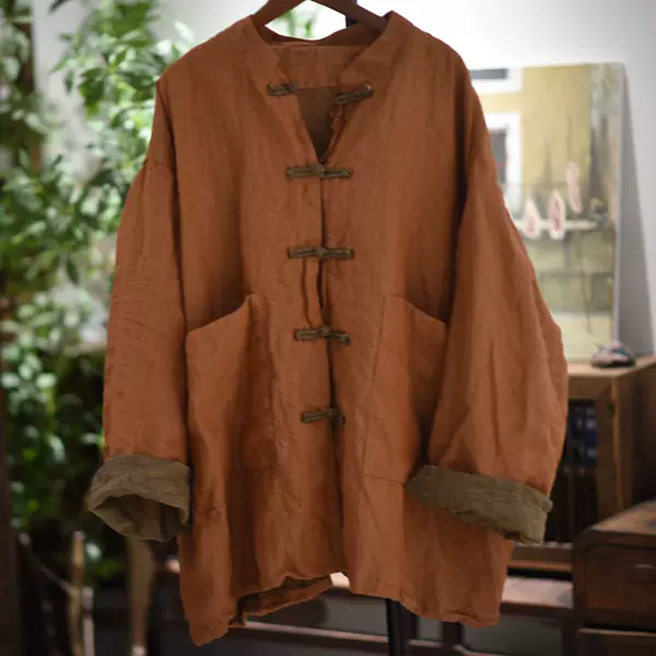 Sn268 Yarn-Dyed Hemp Chinese-Style Retro Stand-Collar Double-Layer Cardigan