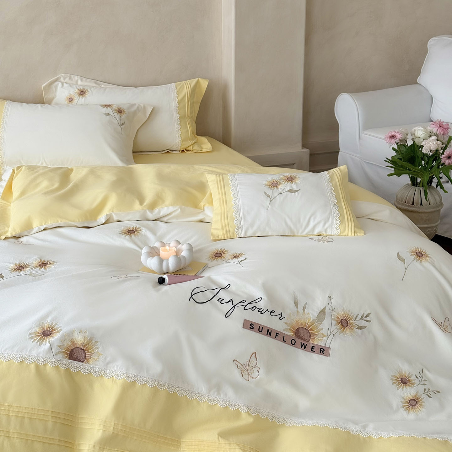 漂亮黄色向日葵太阳花全棉纯棉床上用品四件套女生秋冬季加厚磨毛