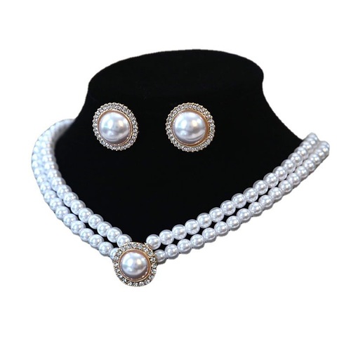 European and American retro double-layered pearl necklace with diamond earrings, Western-style bridal jewelry, choker, versatile wedding accessories