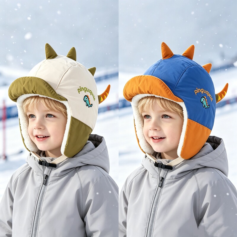 Children's plush Lei Feng hat, cartoon dinosaur design, waterproof ski hat, 2026 winter outdoor cold-weather hat for boys, with ear protection Children's plush Lei Feng hat, cartoon dinosaur design, waterproof ski hat, 2026 winter outdoor cold-weather hat for boys, with ear protection
