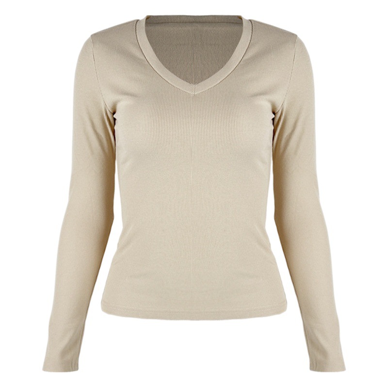 2024 otoño e invierno europeo y americano nuevo estilo transfronterizo de moda femenina de punto acanalado delgado con cuello en V manga larga tops de color sólido