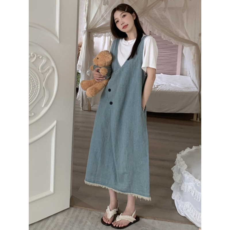2026 New Summer Korean-Style Fresh Blue Denim Suspender Hepburn-Style Slimming and Age-Reducing Maternity Set