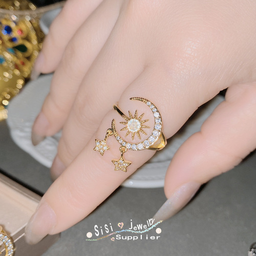 SIsi geometric niche sparkling diamond star and moon open ring gold-plated cool style internet celebrity fashion moonlight ring