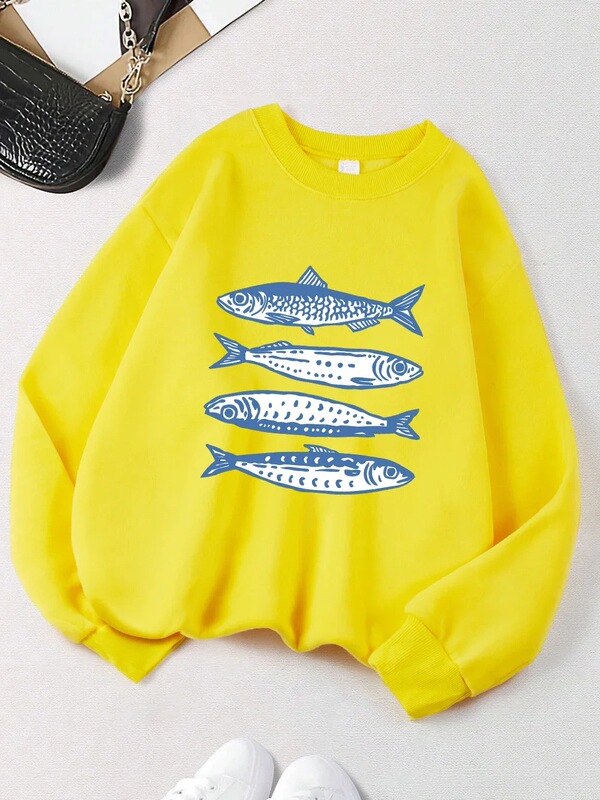 Sardine blue printed sweatshirt for women, round neck sports hoodie, loose wool warm pullover for autumn comfort