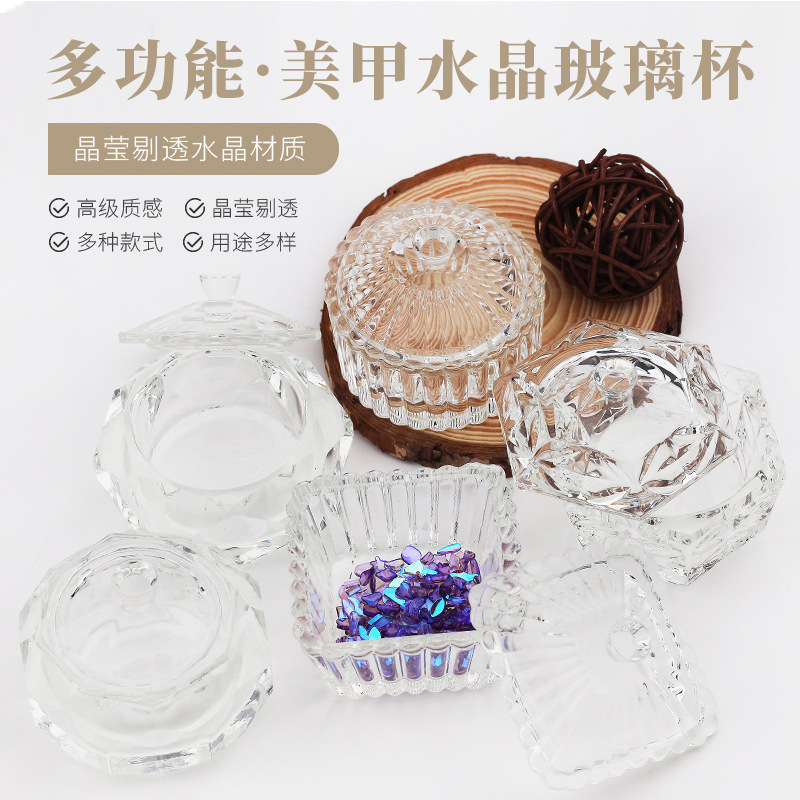 Nuevo arte de uñas transfronterizo, copa de cristal de alta gama con tapa, varios estilos, taza de herramienta de lavado de lápiz de uñas gruesa 80 #