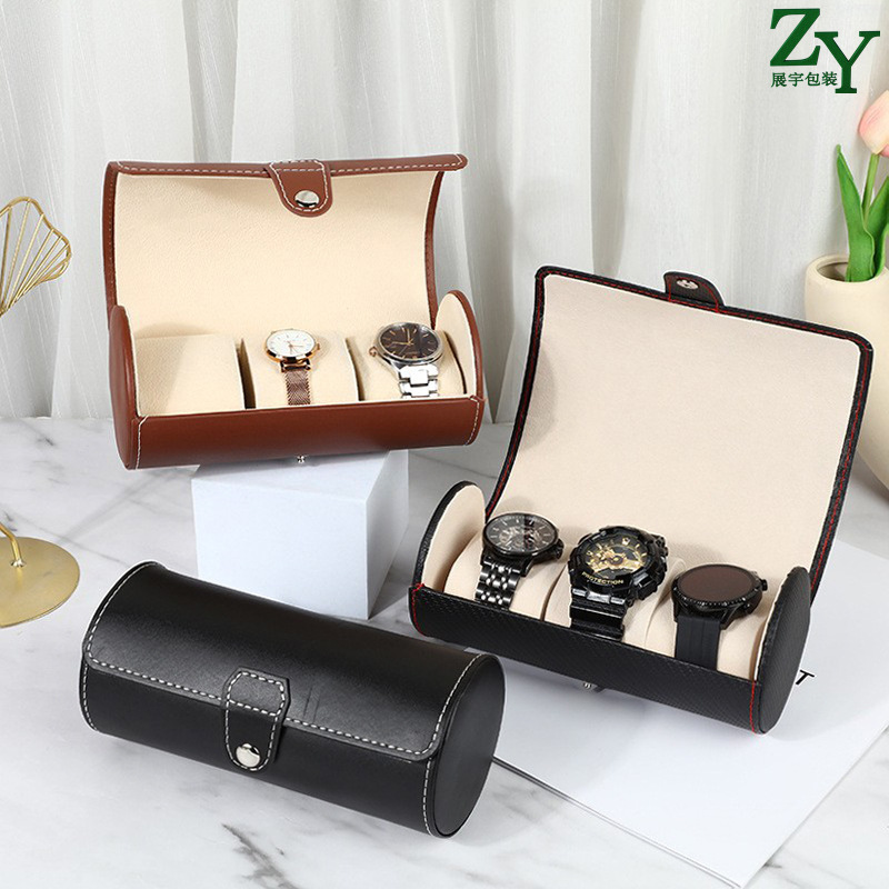 跨境热销3位手表盒多色PU皮圆筒手表收纳盒便携式随身旅行包装盒
