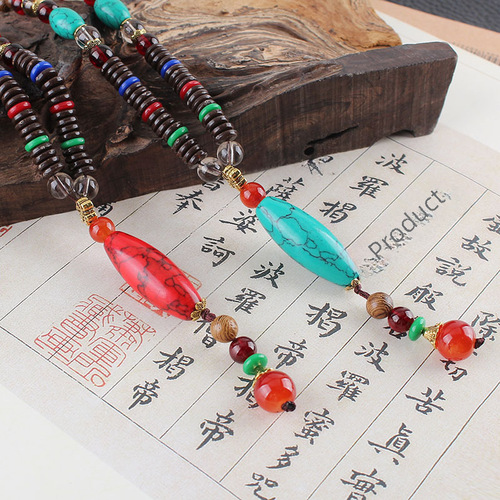 Factory Direct Sales Ethnic Style Chicken Wing Wooden Buddha Bead Necklace for Men, Long Length, Imitation Turquoise Pendant, Wood Beads Accessory