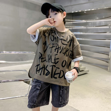 男童夏季短袖2024新款韩版中大童洋气冰感字母宽松短袖开叉上衣潮