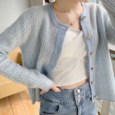 2021 spring and autumn tender temperament Sister fresh Bright silk Cardigan Easy jacket Knitted sweater baby blue