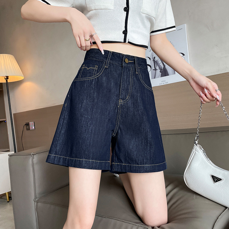 dark blue Denim Shorts Women's Summer 2024 New Loose A- word No Fading Stretch Four-point Pants