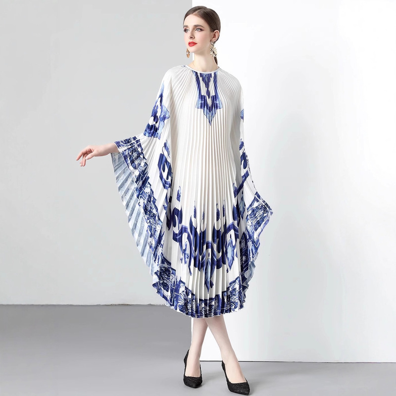Amazon Blue and White Cape Dress Cross-Border Long-Sleeve Pleated Batwing Dress Manufacturer