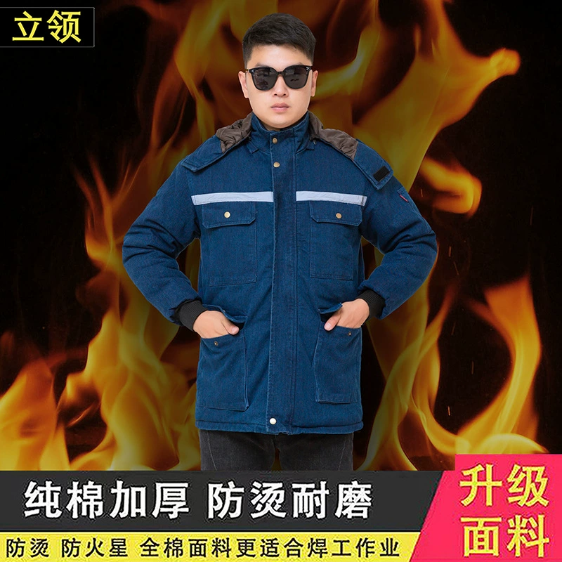 Зимняя куртка на хлопковой подкладке, теплая и морозостойкая джинсовая рабочая одежда средней длины, противоожоговая, износостойкая и прочная, утолщенное хлопковое пальто для сварщиков.