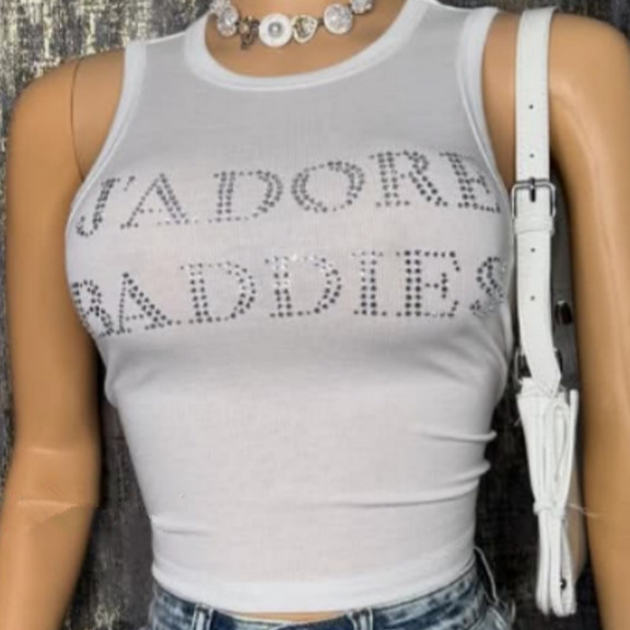 J'ADORE BADDIES Sleeveless Tank Top With Rhinestone Lettering, Fitted, Cropped, Short Style A Chic Look For Women._ecoleips.com