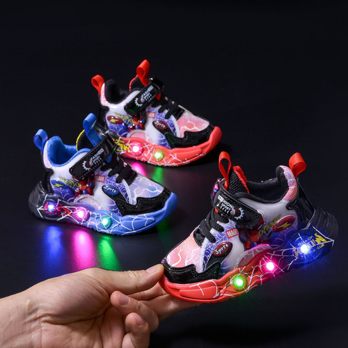 2024 Spring and Autumn New Children's Sports Shoes with Leather Spider-Man LED Sensing Light, Boys' Sports Casual Shoes