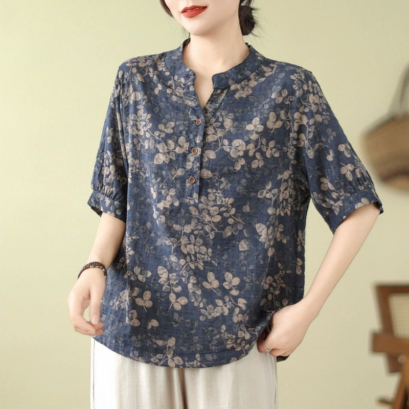 Женская рубашка со средним рукавом с цветочным принтом, новинка 2024 года, летняя свободная женская рубашка для мам среднего и пожилого возраста, женская рубашка с v-образным вырезом