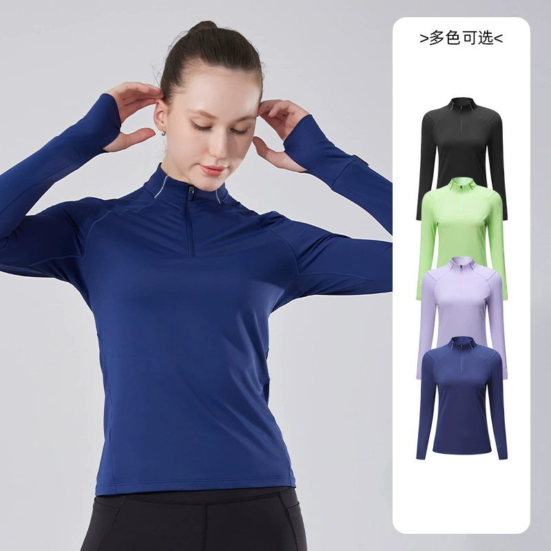 2024 Весенняя спортивная одежда с воротником-стойкой Одежда Для Йоги Женский Топ для фитнеса и тренировок футболка с длинным рукавом для бега с половиной молнии