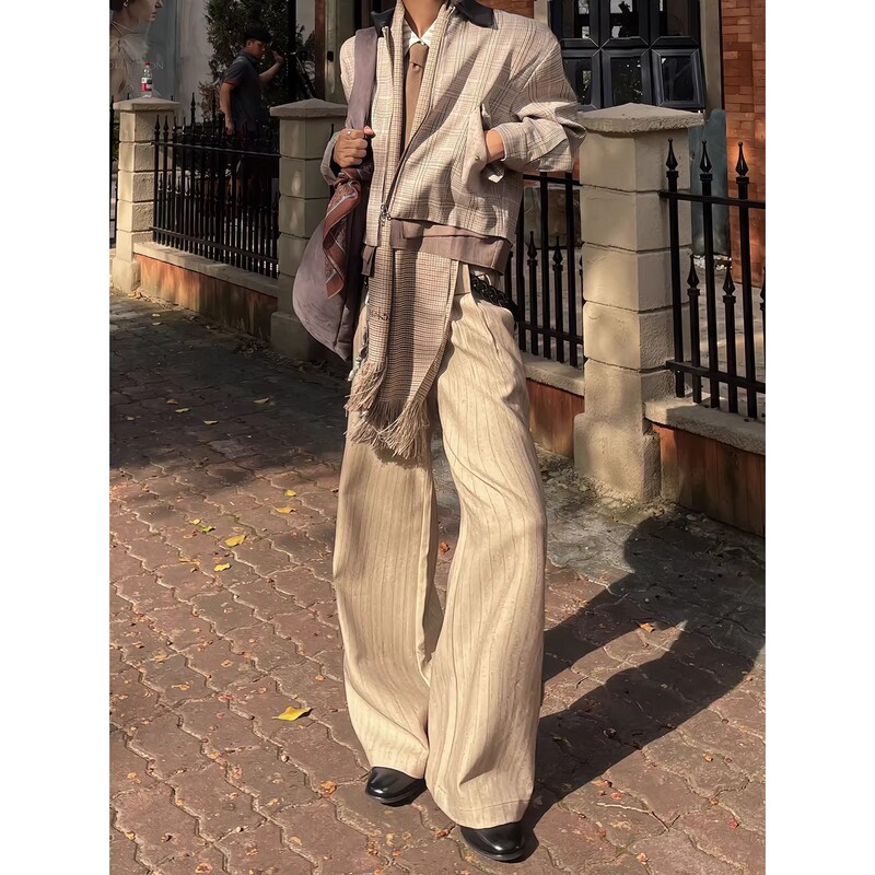 Khaki Pleated Straight-Leg A-Line Casual Trousers with a High-End Drape Feel, Wide-Leg Long Pants for Men, Autumn Work Pants