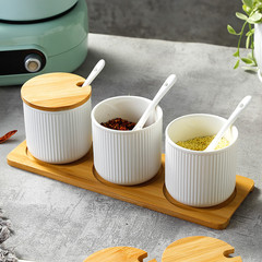 Practical Morandi Color Series Home Ceramic Spice Jar Set, Spice Box, Condiment Container with Spoon and Lid, Bamboo Tray