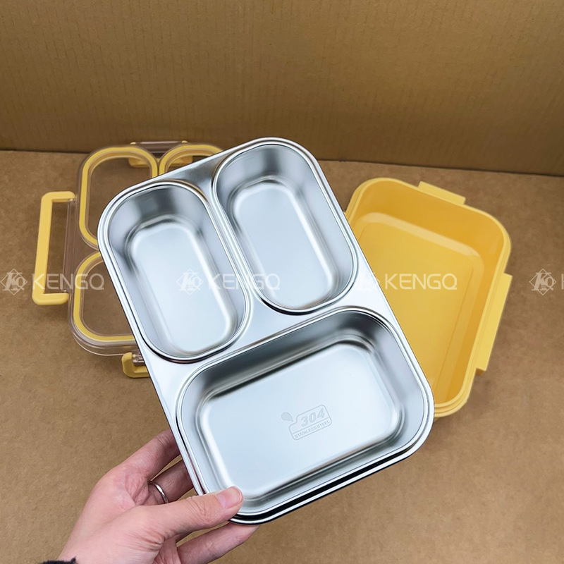 Fiambrera calefactable en microondas, anti-olor, caja bento para estudiantes de acero inoxidable 304, caja de conservación sellada de tres compartidos