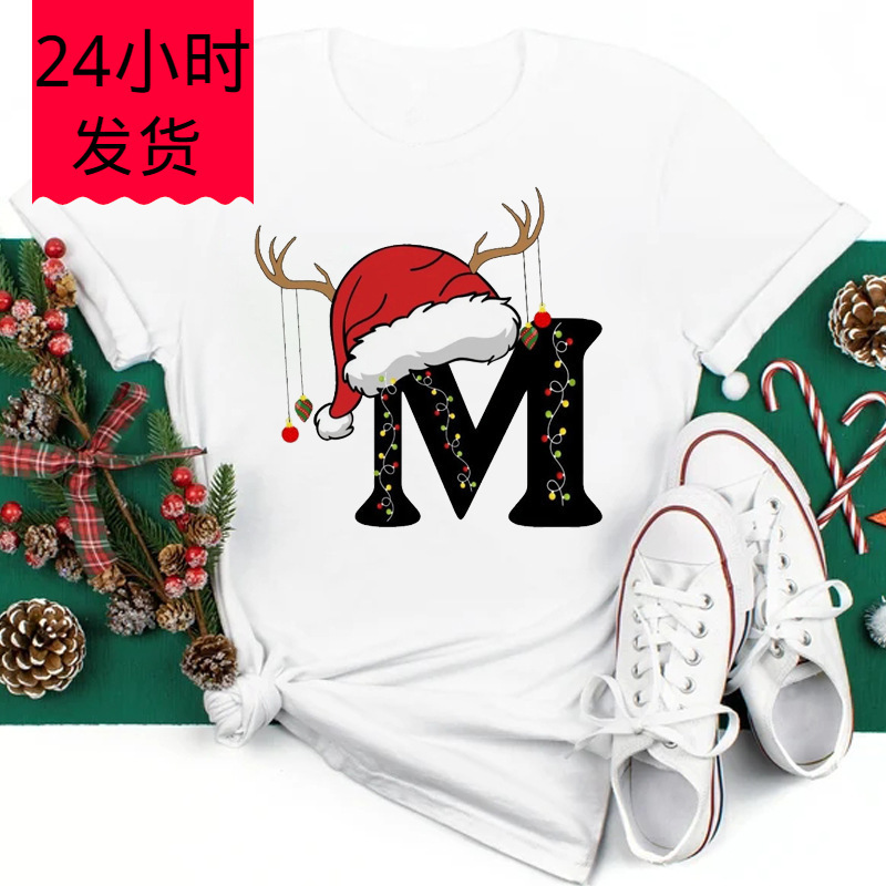 Funny Christmas Hat Printed T-Shirt Women's Fashion 26 Letter Printed Graphic Top Street Clothing Short-Sleeved t