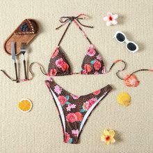 欧美新款分体泳衣女跨境热卖比基尼绑带性感度假风大印花沙滩泳装