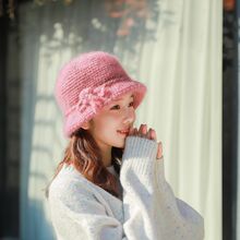 针织帽毛线帽加绒保暖护耳盆帽渔夫帽手钩编女士甜美风花朵小香风