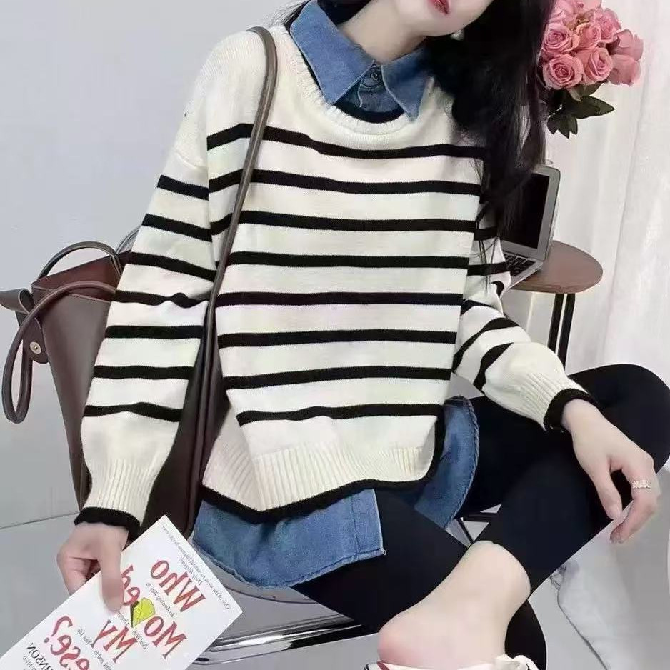 2025 New Cross-Border Denim Splicing Fake Two-Piece Striped Sweater for Women with Age-Reducing Layered Knitted Sweater Base