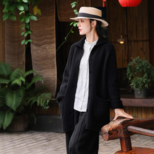 2025冬季棒线编织黑色羊毛粗纱简约大气宽松加厚毛衣外套女