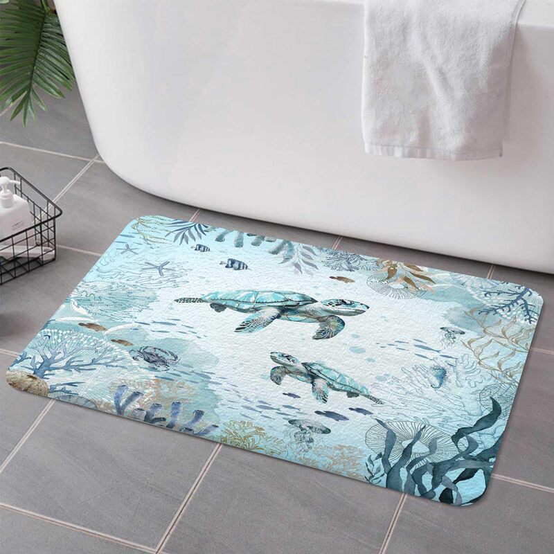 Flannel Bathroom Turtle Bathroom Carpet Blue Green Ocean Beach Coastal Fun Animals Nautical Starfish Mat