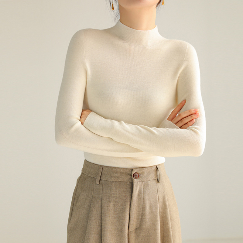 Gray 100% Wool Classy Half Turtleneck Knitwear for Women in Autumn and Winter Slim Fit Inner Layering Shirt Seamless One-Piece Knitwear