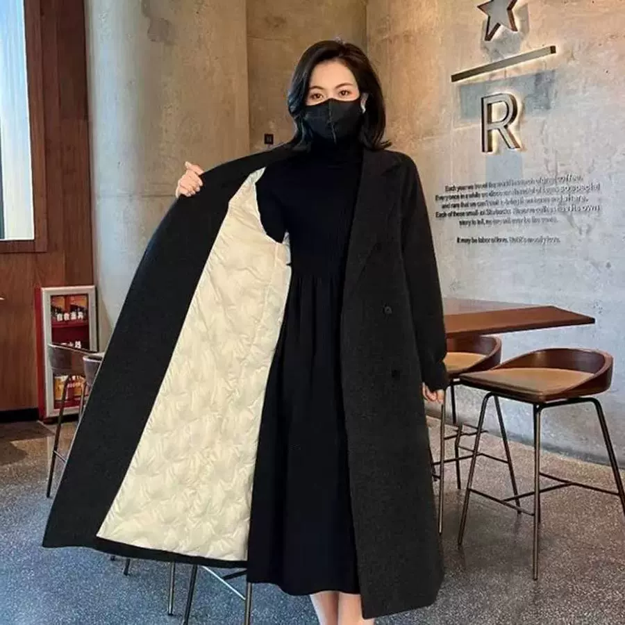 Пальто средней длины из шерсти с quilтованной бархатной подкладкой, oversize плюс-размеры (M–3XL)