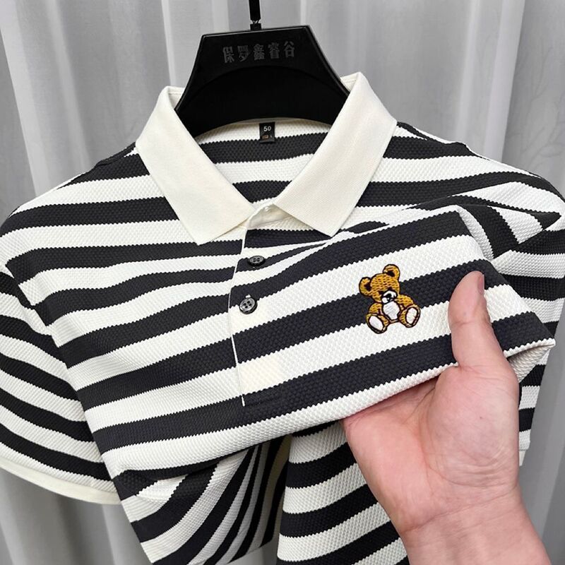 25 New Embroidered Striped Short-Sleeve Men's Casual Summer Polo Trendy Turn-Down Collar Versatile Half-Sleeve Top T-Shirt 25 New Embroidered Striped Short-Sleeve Men's Casual Summer Polo Trendy Turn-Down Collar Versatile Half-Sleeve Top T-Shirt