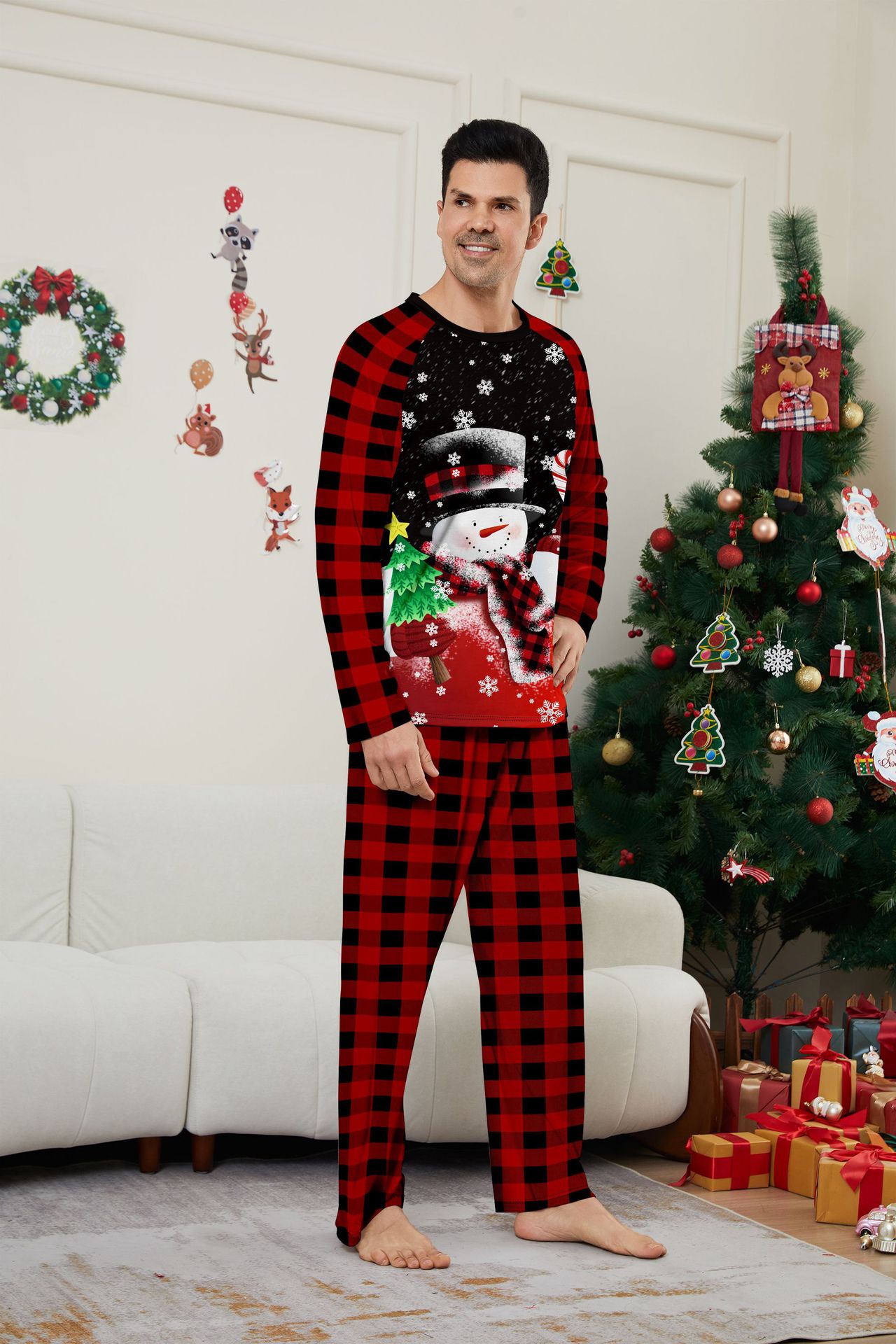 Christmas snowman candy cane snowflake Christmas family suit printed homewear sleep_voghion.com
