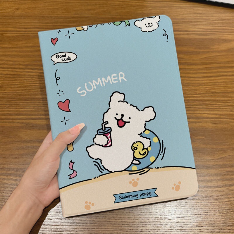 Swimming Ring Line Design Puppy Suitable for iPad 11Th Generation A16 Tablet Protective Case 2025 Model M3 Book-Style Pro13 Cartoon