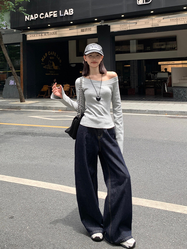 宋正恩深蓝色阔腿牛仔裤女新款后口袋设计感秋季复古宽松拖地长裤|undefined