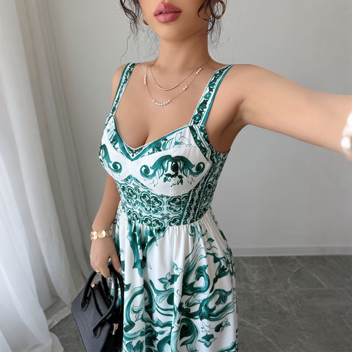 "Minimalist Cross-Back Strappy Dress For Women Style Casual Long Dress, Flowy Printed Design, Breathable Polyester, Green, S-XL"_ecoleips.com